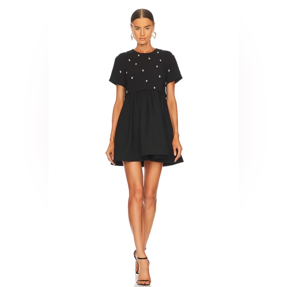 $298 LIKELY Marcia Dress Black Satin Embellished Short Sleeve Sz 2